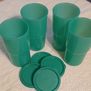 New Tupperware Tabletop Stacking Tumbler Set/4 -12 oz - Island Green w/ seals